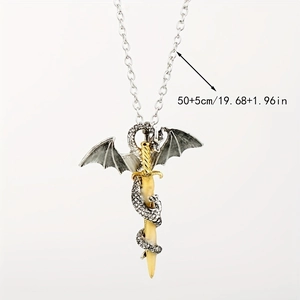 Detail of dragon wrapped around gold sword pendant with 50+5cm adjustable chain