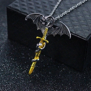 Rock dragon wing sword pendant necklace in gold and silver finish for men