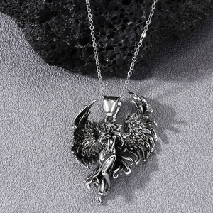 Vintage Alloy Angel Wing Pendant Necklace Gothic Silver Color Electroplated Angel Feather Character Charm Unisex Fashion Jewelry