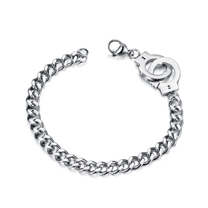 Sleek silver stainless steel handcuffs bracelet with durable Cuban chain and lobster clasp
