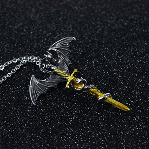 Gothic dragon and gold sword pendant necklace with silver chain for men in rock style