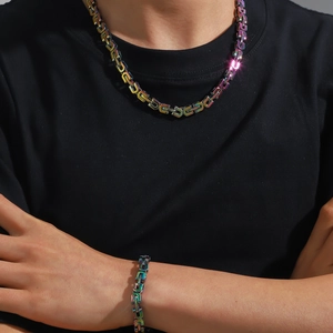 Ensemble collier et bracelet byzantins en acier inoxydable arc-en-ciel pour homme