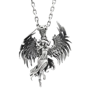 Retro angel wing pendant necklace in silver finish with vintage metal carved details