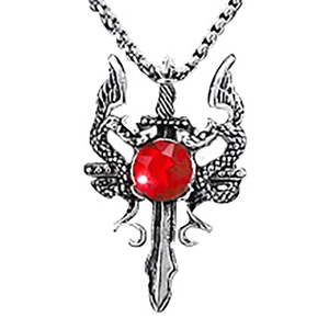 Gothic Kreuzschwert Halskette mit Zwillingsdrachen und großem rotem Kristall in Altsilber