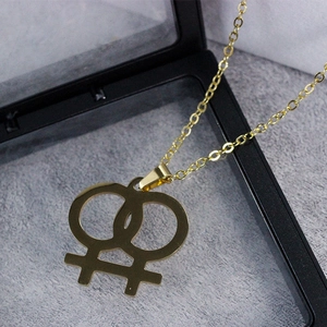 Golden stainless steel double female symbol necklace for women with hollow lesbian pendant