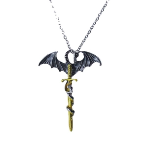 Gothic dragon and gold sword pendant necklace with dark fantasy glow-in-the-dark design