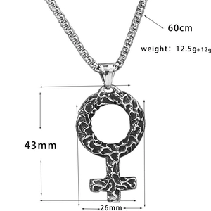 Macro view of Venus symbol pendant with industrial texture and precise measurements