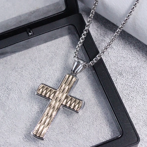 Two-tone cross pendant necklace with gold textured inlay and silver box chain for men