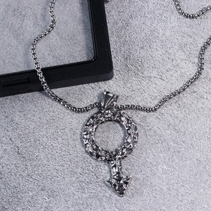 Gender symbol pendant necklace with industrial lava texture on a steel chain