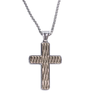 Silver and gold cross pendant necklace for men with textured engraving on box chain