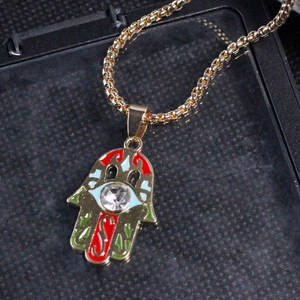 Collier Pendentif Main de Fatima en Alliage Hip Hop Vintage pour Hommes Femmes Or Émail Mauvais Œil Strass Breloque Chaîne à Billes Bijoux