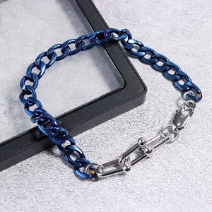 Bracciale a Catena Curb in Acciaio al Titanio Hip Hop per Uomo Donna Patchwork Blu Argento Fibbia a U a Forma di Ferru di Cavallo Gioielli Stile Industriale