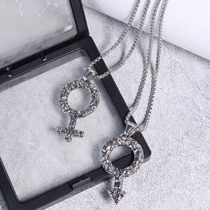 Gender symbol pendant necklace set for couples with silver hammered metal texture