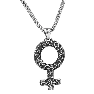 Silver gender symbol necklace with hammered texture pendant on a sturdy box chain