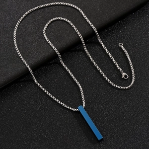Minimalist blue rectangular stainless steel pillar pendant necklace for men with box chain