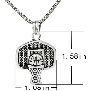 Detailed view of basketball hoop pendant showing exact height and width measurements