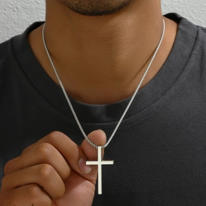 Collana con ciondolo a croce argento da uomo con catena a scatola in stile hip hop