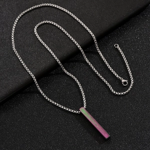 Minimalist rainbow gradient rectangular prism pendant on stainless steel chain necklace