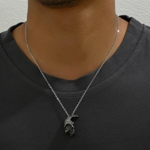 Gothic Halbe-Gesicht Totenkopf-Anhänger-Halskette für Herren aus Vintage-Silber