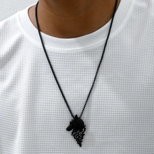 Retro black wolf head pendant necklace for men with tribal hollow design on box chain