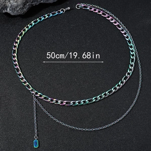 Rainbow Cuban link necklace with lucky number 7 pendant and 50cm double chain layers