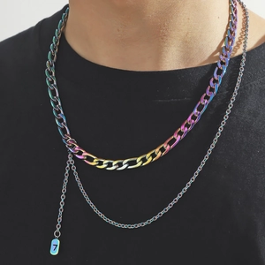Iridescent layered Cuban chain necklace for men featuring a lucky number 7 pendant