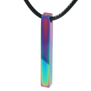 Rainbow stainless steel rectangular bar pendant necklace with black cord strap