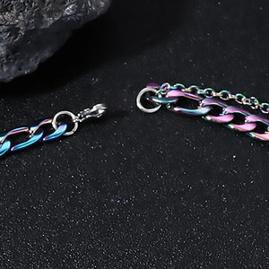 Rainbow Cuban chain necklace with lucky number 7 and lobster clasp on dark stone