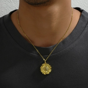 Golden sunflower locket necklace featuring layered petals on a classic link chain for women