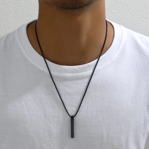 Minimalist black rectangular prism pendant necklace for men with sleek stainless steel finish