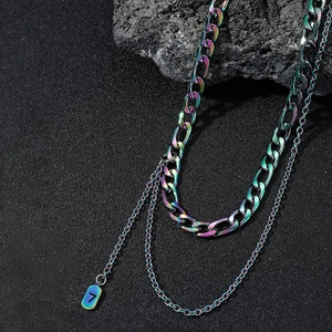 Hip Hop Rainbow Layered Titanium Steel Necklace With Number 7 Pendant Iridescent Double Chain Men Women Trendy Jewelry