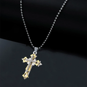 Collier à pendentif double croix bicolore or et argent avec zircons incrustés