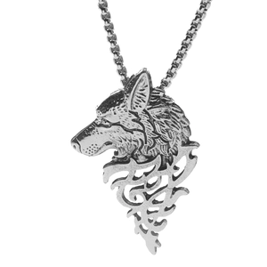 Vintage wolf head pendant necklace for men in silver finish with stainless steel box chain