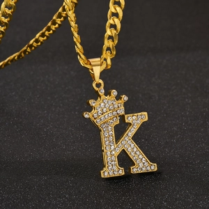 Hip Hop Crown Initial Letter Pendant Necklace For Men Women Gold Plated Alloy Rhinestone Inlaid Cuban Link Chain Jewelry