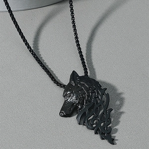 Vintage black wolf head pendant necklace with tribal flame details and box chain for men