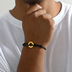 Minimalist black braided leather cord bracelet with adjustable gold stainless steel ring