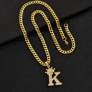Hip-hop gold plated Cuban link chain with iced-out crown initial K letter pendant