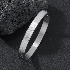 Minimalist Stainless Steel Roman Numeral Bangle For Men Women Unisex Vintage Brushed Metal Hinge Clasp Cuff Bracelet Jewelry