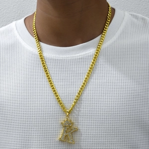 Hip hop crown initial K pendant necklace with iced out crystals and golden Cuban chain