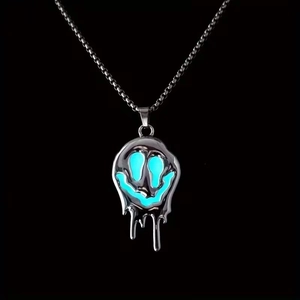 Glow-in-the-dark melting smiley face pendant necklace in silver titanium steel