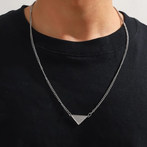 Men's geometric inverted triangle pendant necklace with sparkling micro-pave crystals
