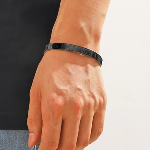 Classic black stainless steel open bangle with engraved Roman numerals for men