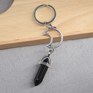 Silver crescent moon and black hexagonal crystal stone keychain for couples