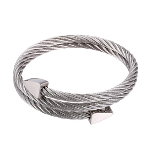Silver stainless steel cable wire bracelet with polished triangle ends in a sleek design