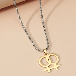 Collier symbole double Vénus poli doré sur une chaîne en acier inoxydable argenté