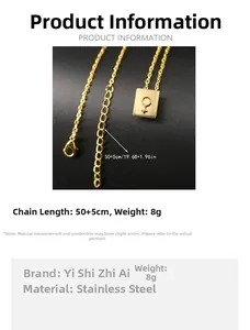 Detail of golden stainless steel necklace with gender symbol pendant and lobster clasp