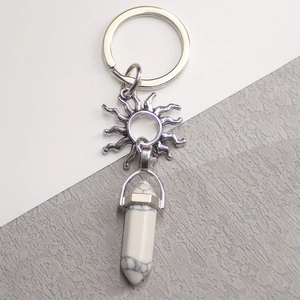 Boho sun and moon stone pendant keychain with hexagonal white marble column and silver ring