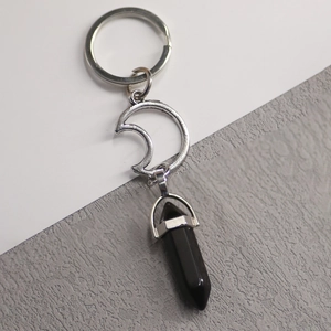 Obsidian hexagonal crystal keychain with silver crescent moon pendant and keyring