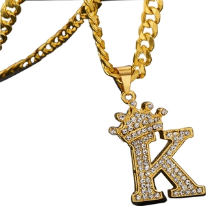 Hip hop crown letter K pendant necklace in gold with cubic zirconia stones and cuban chain