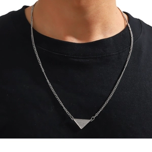 Sparkling geometric inverted triangle pendant necklace with silver chain for men